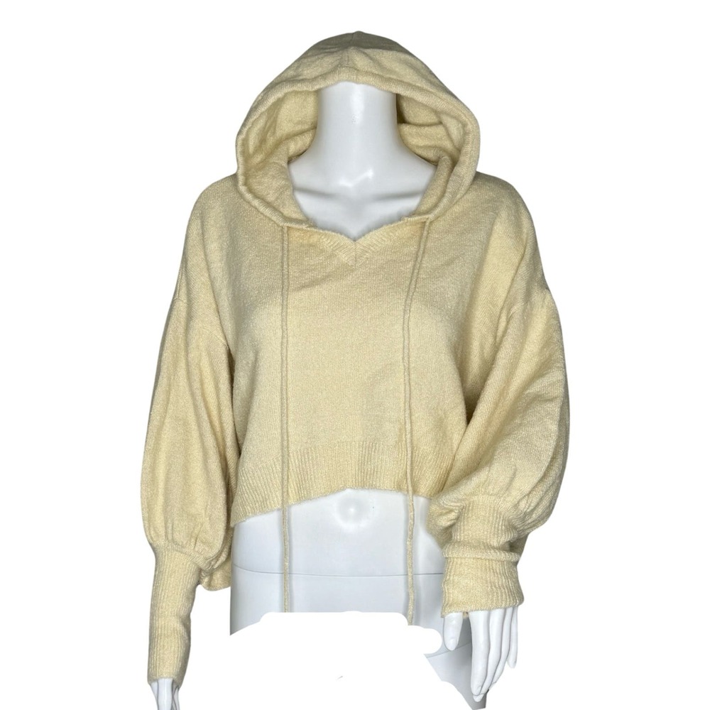 Free People Sweater Womens XS Cream Crop Hoodie Balloon Sleeve‎ Minimal Neutral